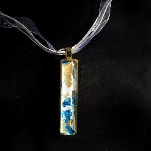 Hand Painted Blue White Gold Pendant Necklace, Handmade Necklaces Jewelry